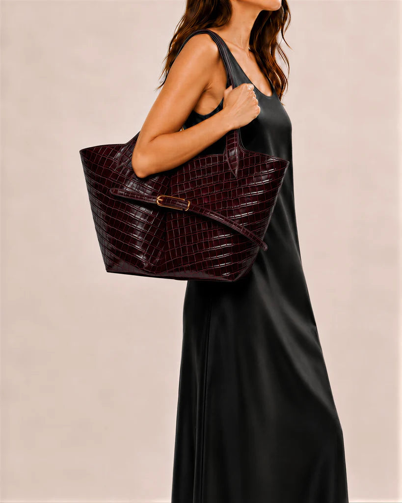 Liffner Belted Tote Burgundy Croc - Burgundy