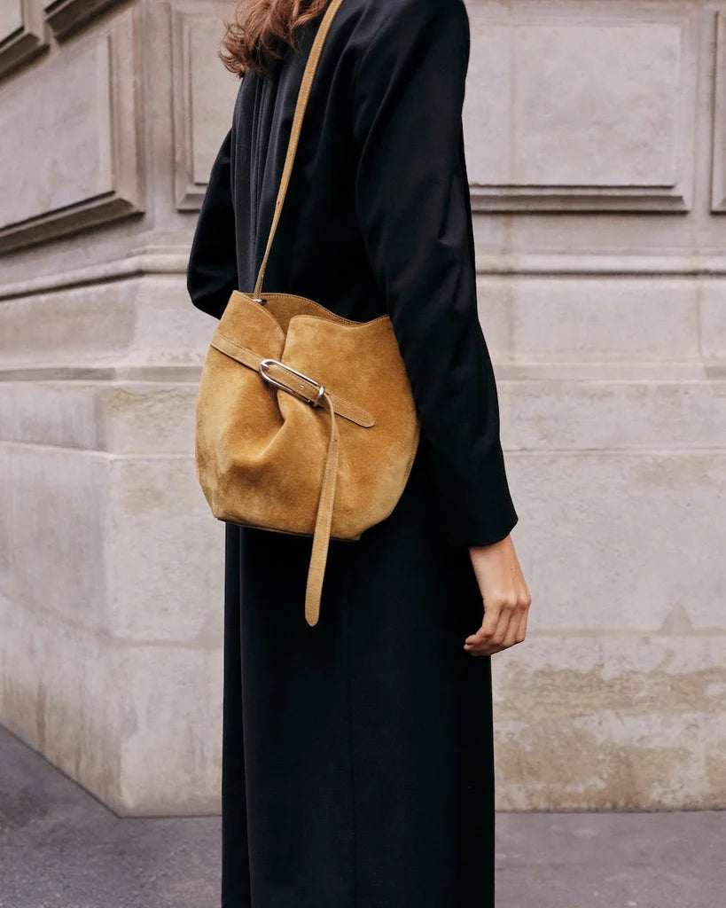 Liffner Belted Bucket Bag Beige Suede