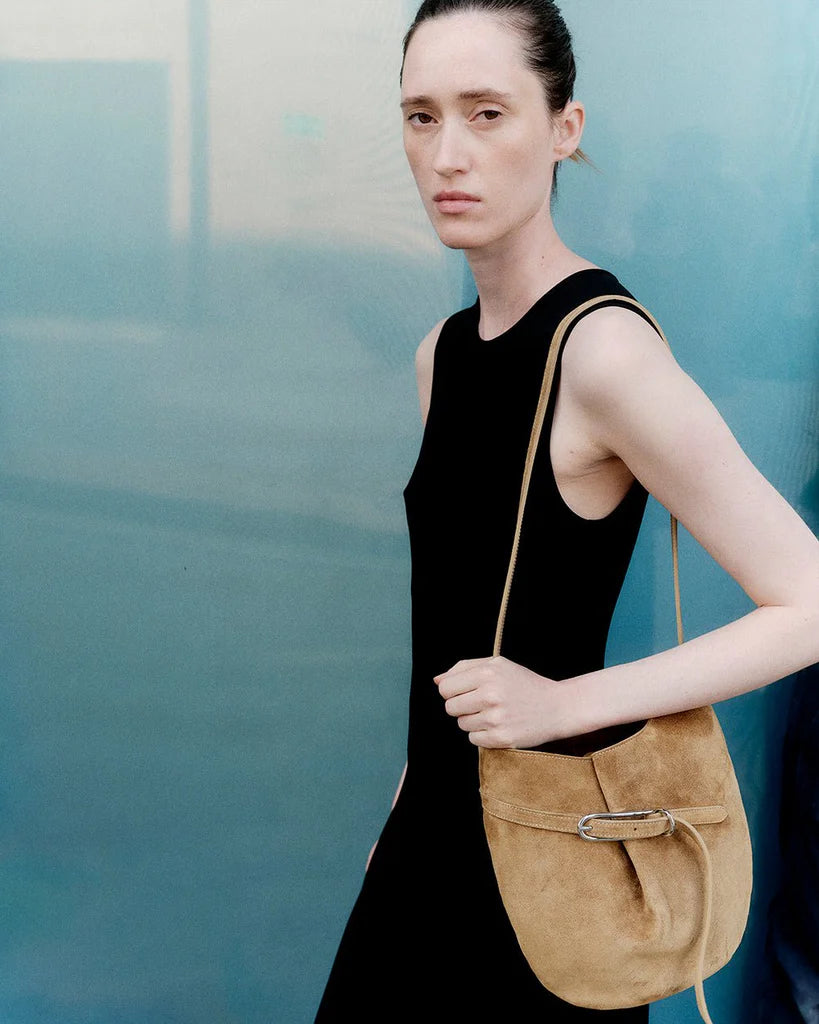 Liffner Belted Bucket Bag Beige Suede