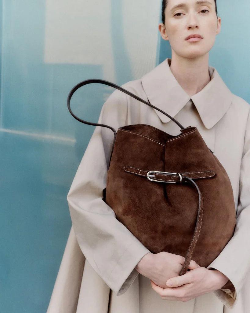 Liffner Belted Bucket Bag Large Dark Brown Suede