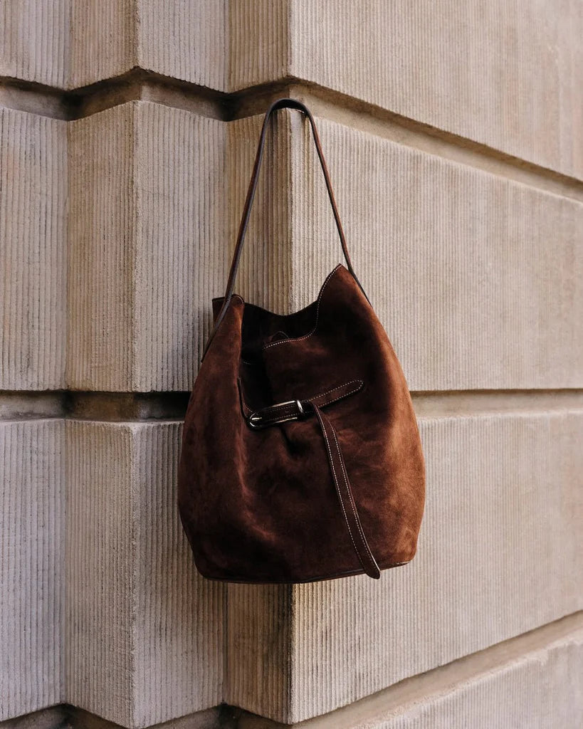 Liffner Belted Bucket Bag Large Dark Brown Suede