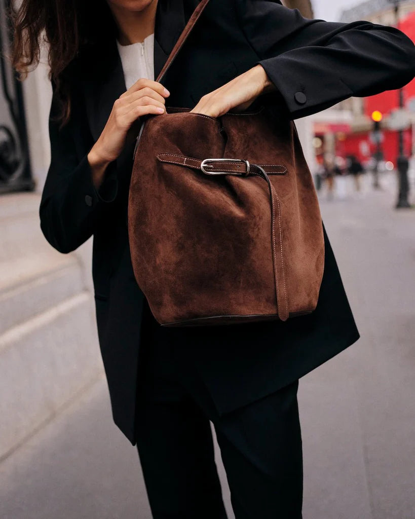 Liffner Belted Bucket Bag Large Dark Brown Suede