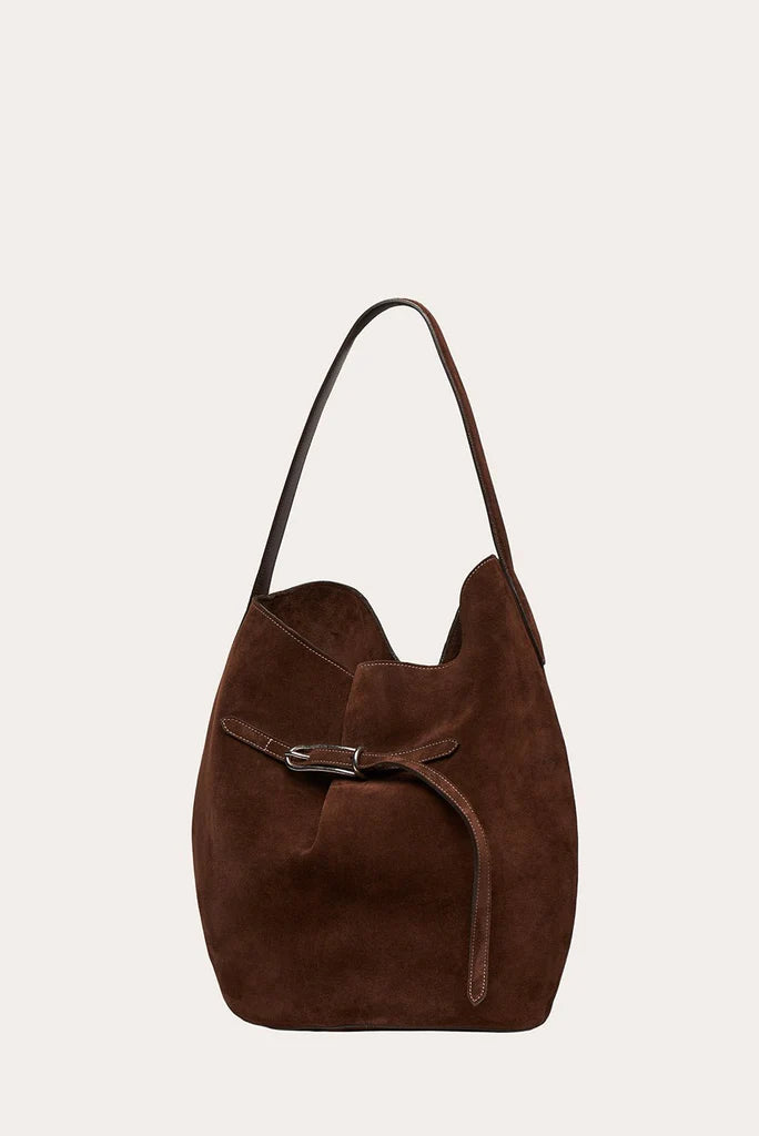 Liffner Belted Bucket Bag Large Dark Brown Suede