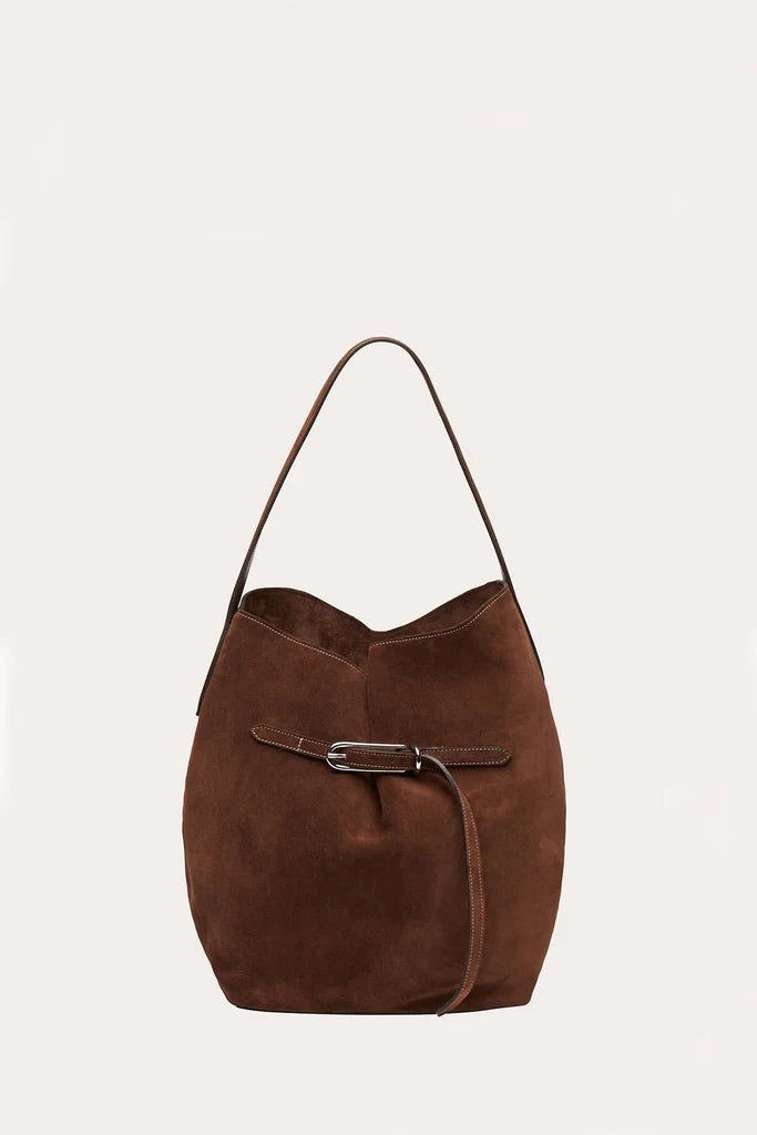 Liffner Belted Bucket Bag Large Dark Brown Suede