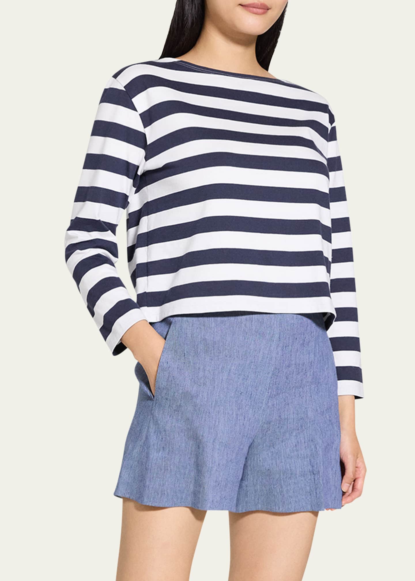 Theory Boatneck Tee White Stripe - Navy Multi