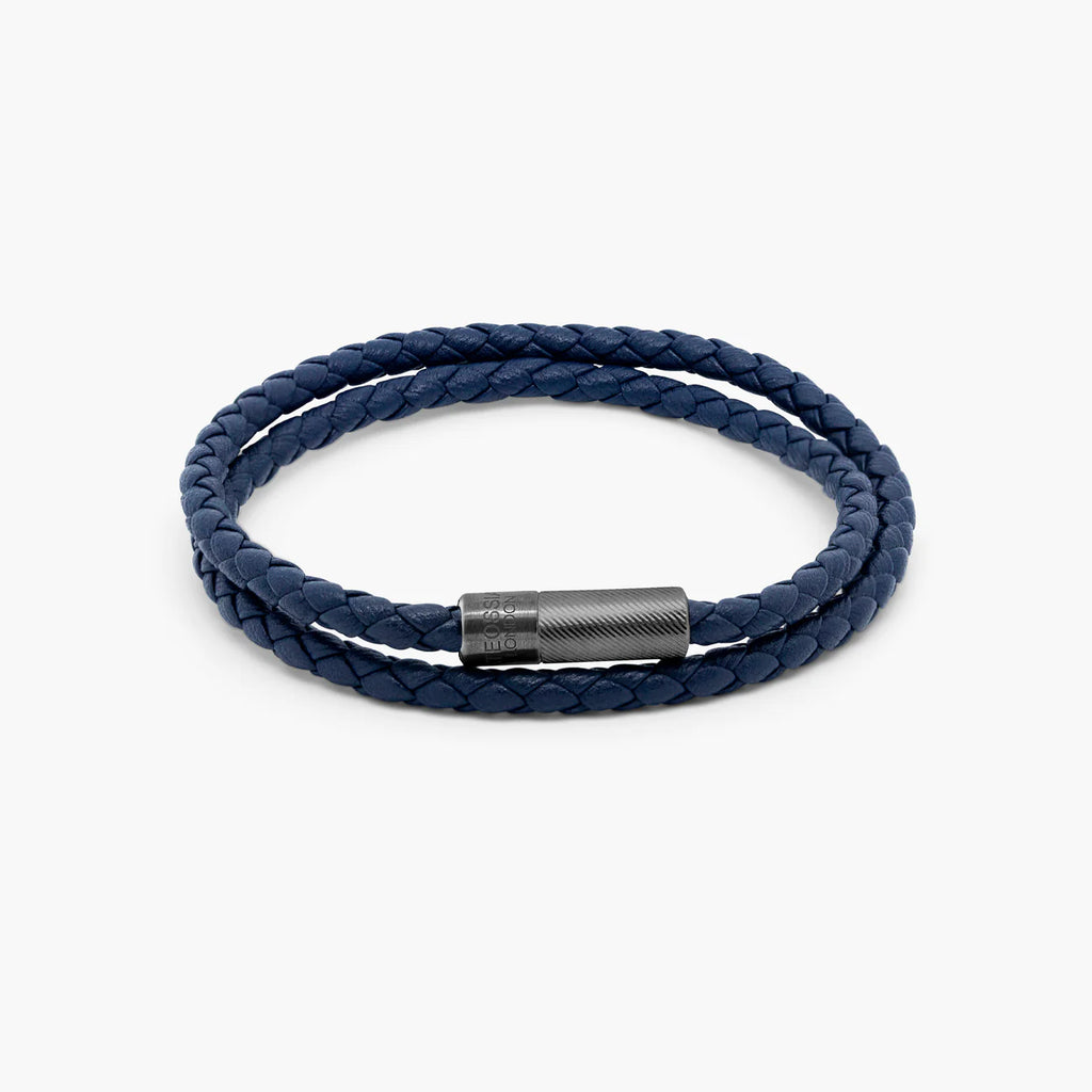 Tateossian Pop Rigato Bracelet in Double Wrap Italian Navy Leather with Black Rhodium Plated Sterling Silver