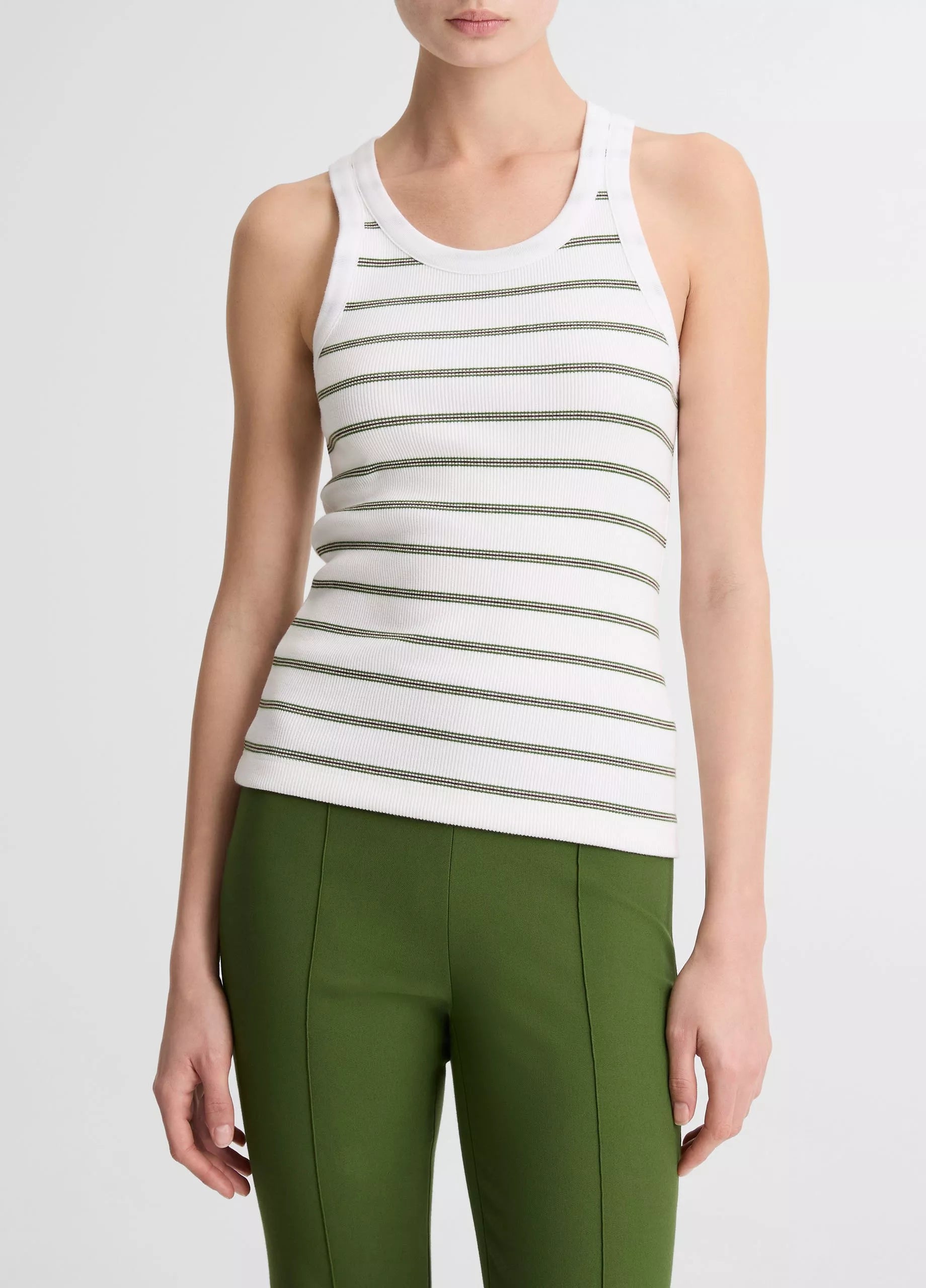 Vince Striped Ribbed Scoop-Neck Tank - Herb Combo