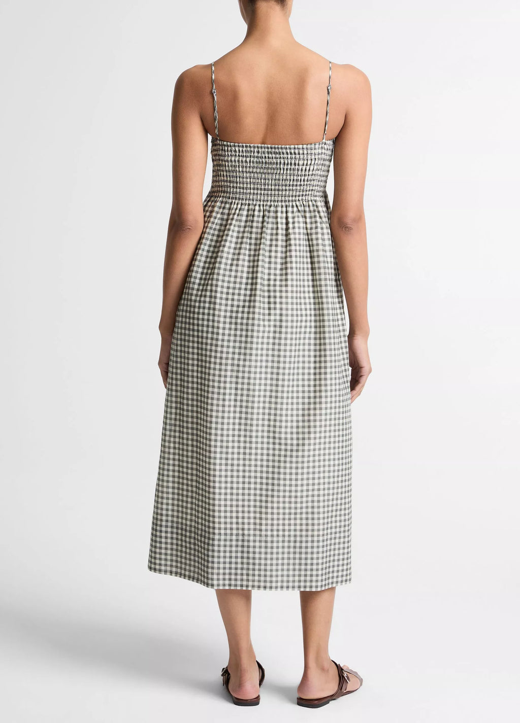 Vince Gingham Cotton-Silk Tie Smocked Dress