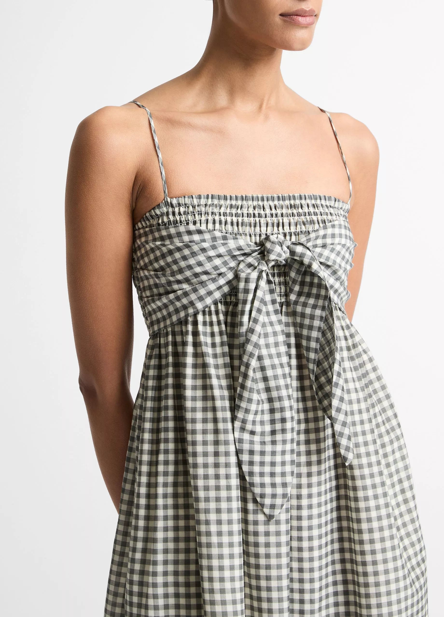 Vince Gingham Cotton-Silk Tie Smocked Dress