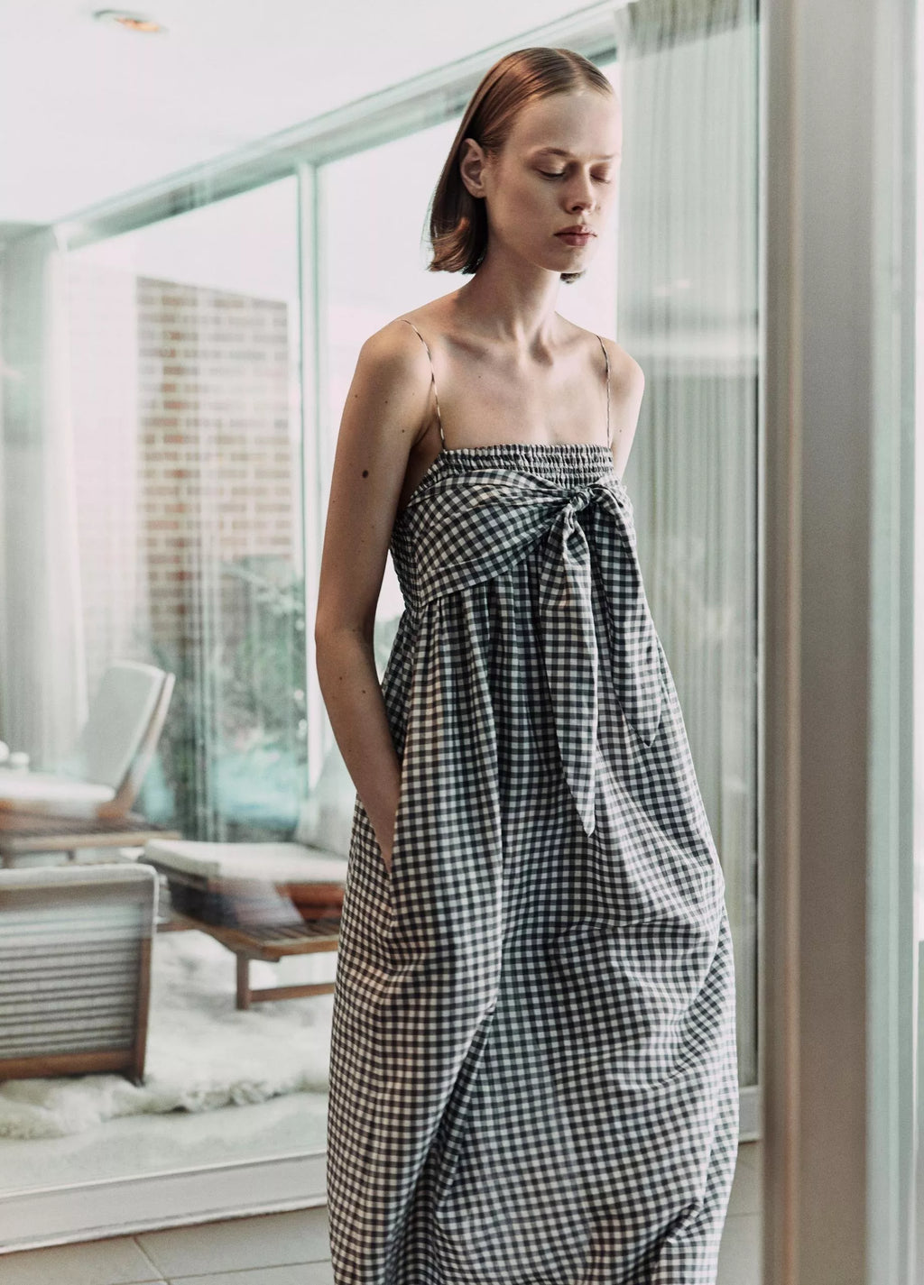 Vince Gingham Cotton-Silk Tie Smocked Dress