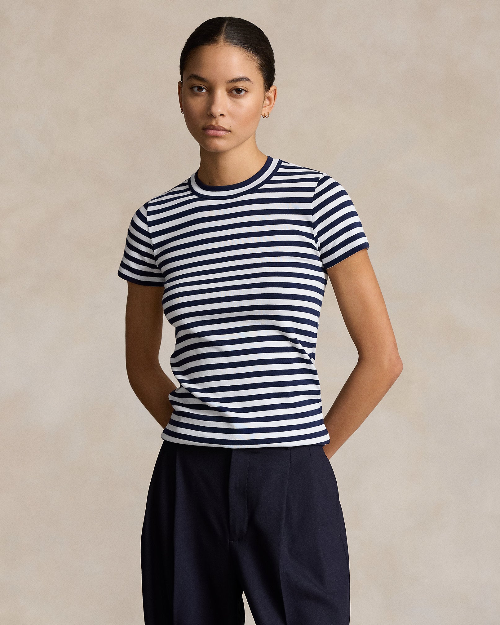 Polo Ralph Lauren Striped Ribbed Cotton Crewneck Tee - Navy/White