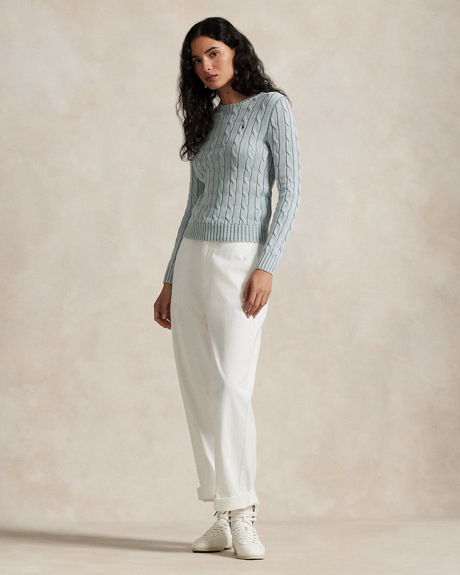 Polo Ralph Lauren Cable-Knit Cotton Crewneck Sweater - Light Chambray