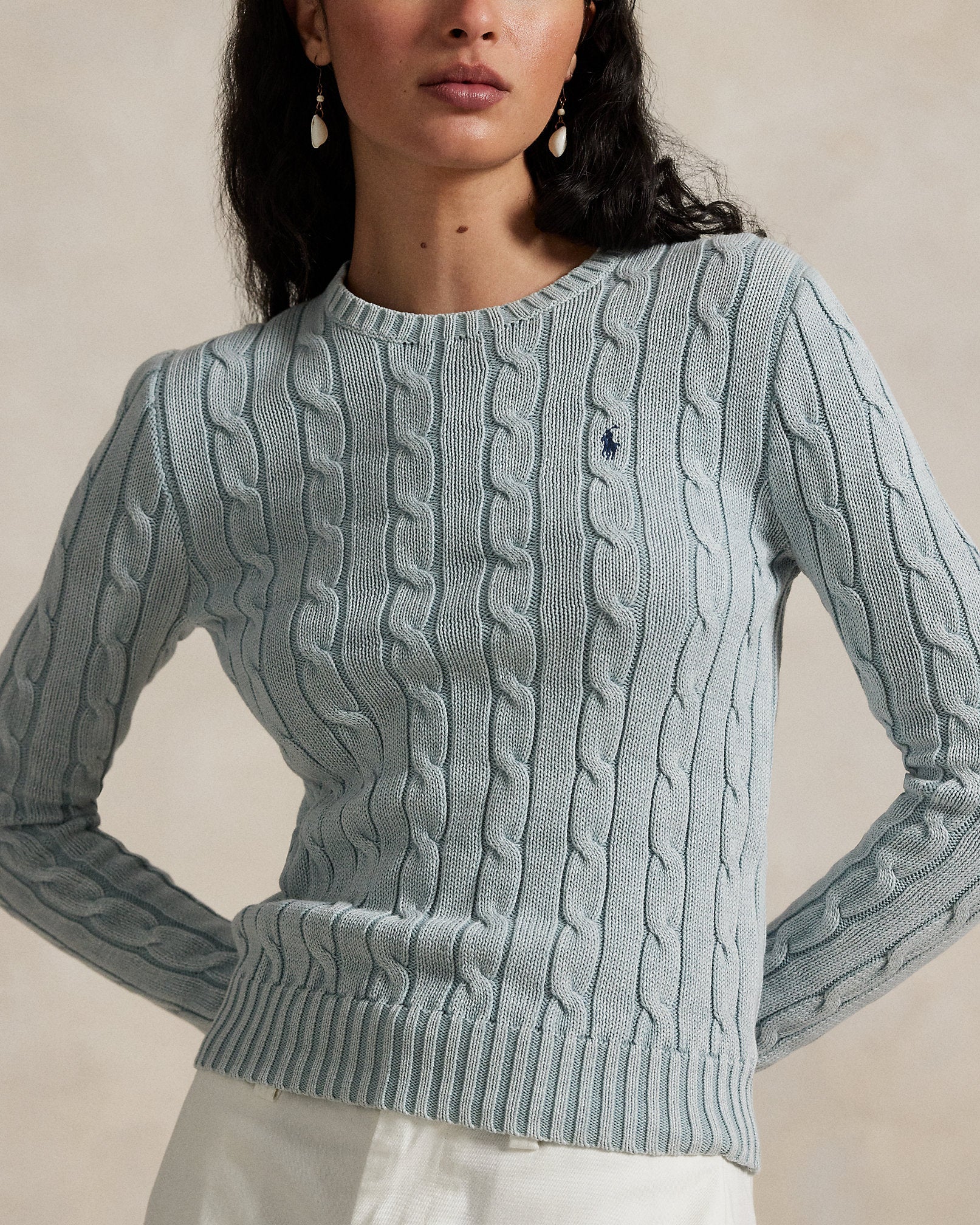 Polo Ralph Lauren Cable-Knit Cotton Crewneck Sweater - Light Chambray