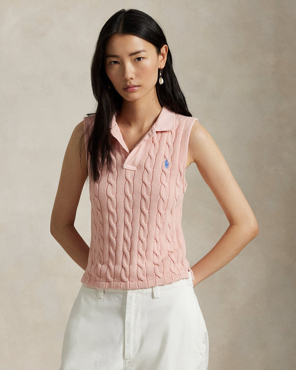 Polo Ralph Lauren Cable-Knit Cropped Polo Shirt - Pink Sand