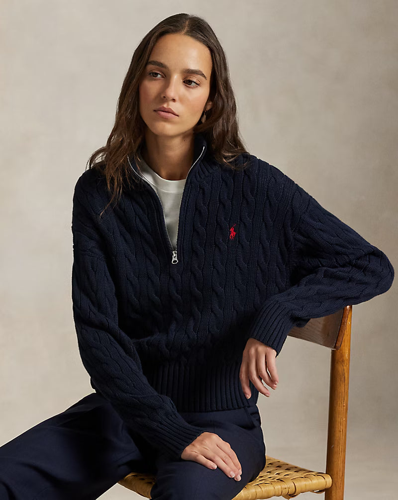 Polo Ralph Lauren Cable-Knit Cotton Quarter-Zip Sweater - Hunter Navy