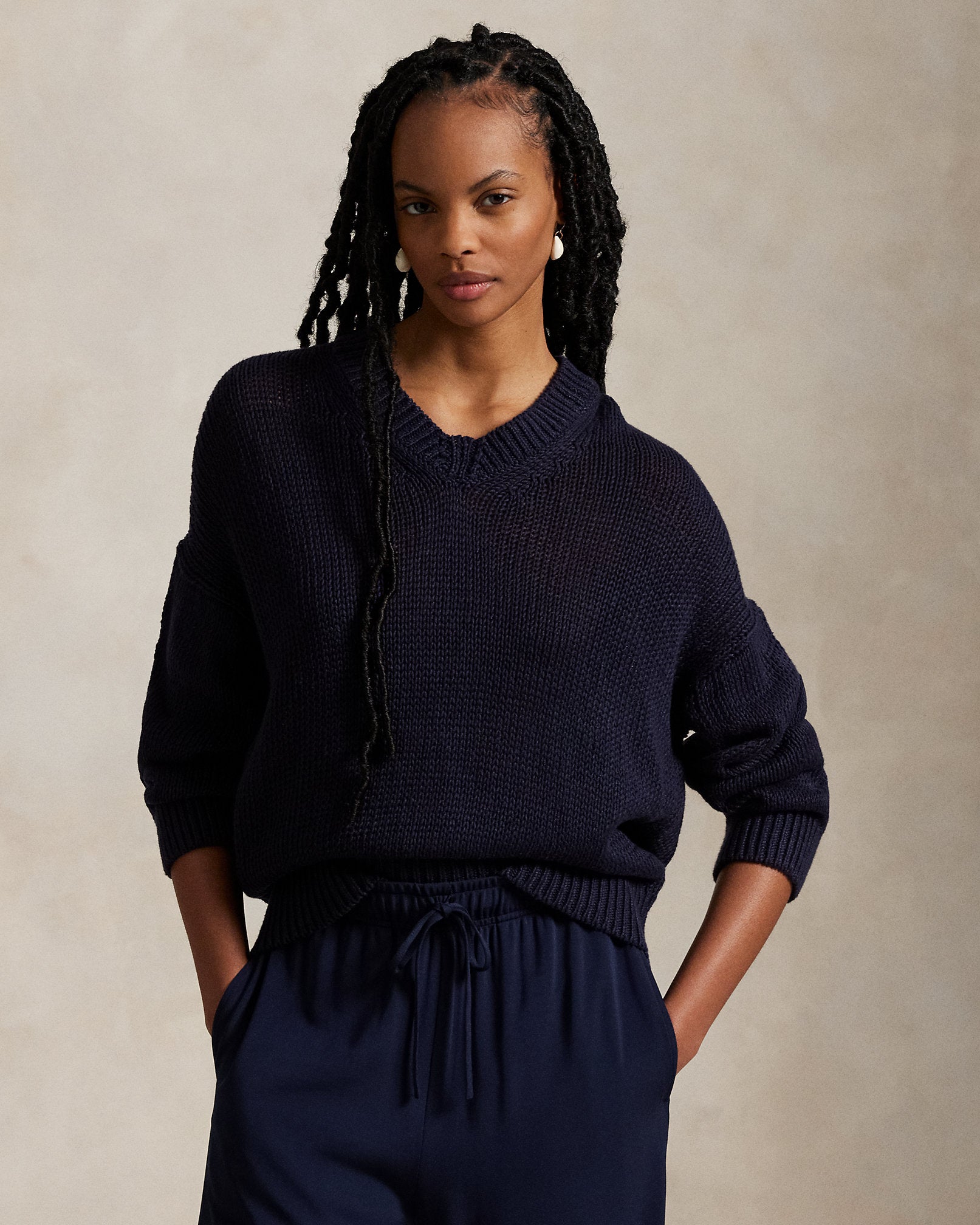 Polo Ralph Lauren Linen-Cotton V-Neck Sweater - Hunter Navy