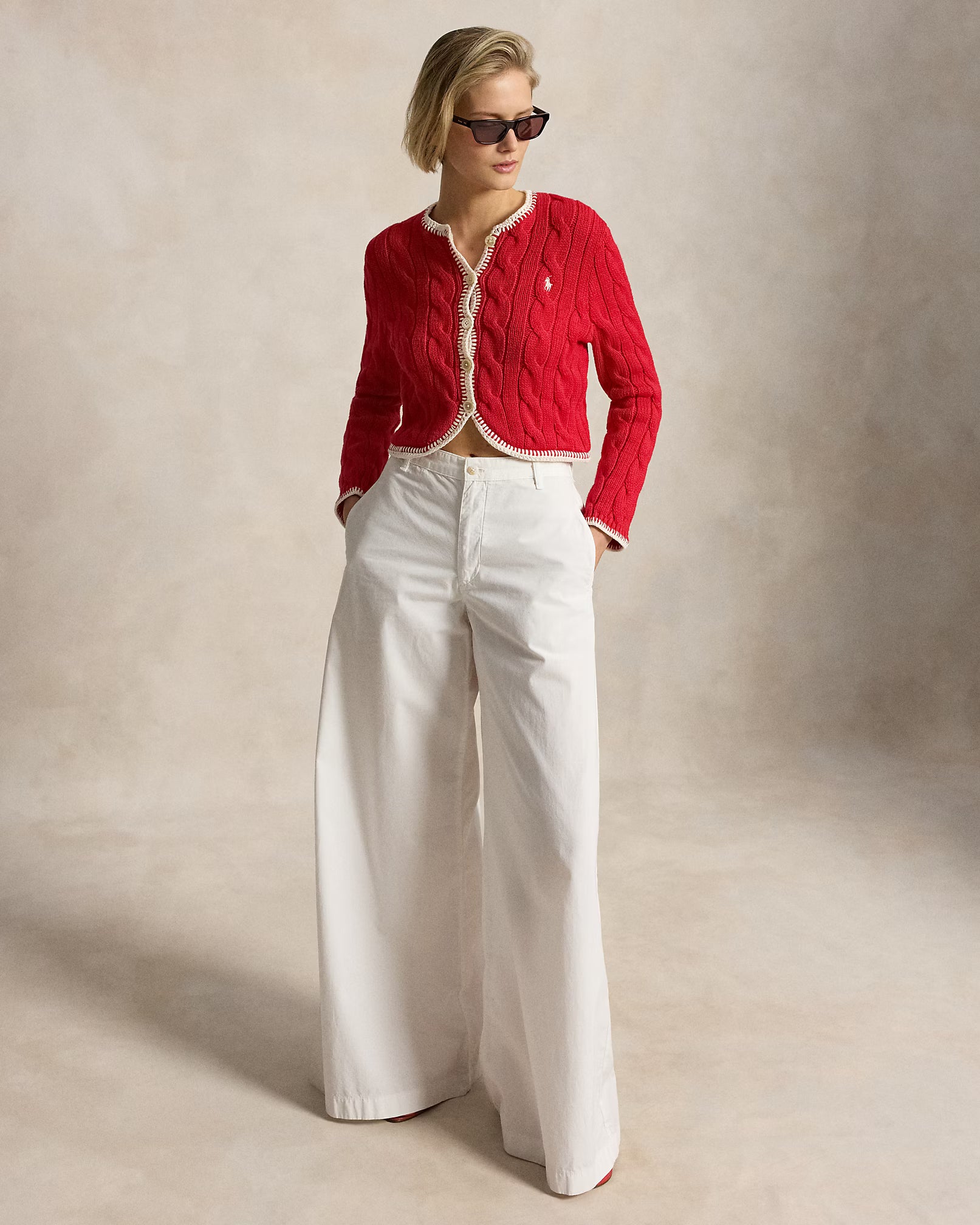 Polo Ralph Lauren Cable-Knit Cropped Cardigan - Cruise Red