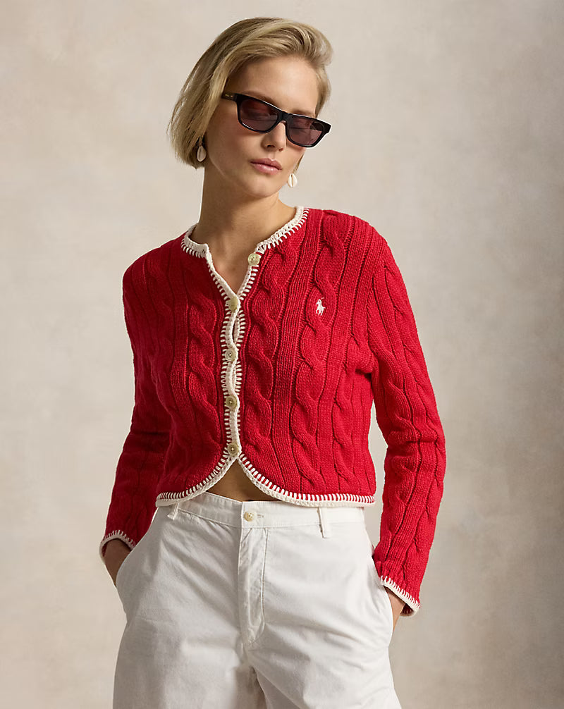 Polo Ralph Lauren Cable-Knit Cropped Cardigan - Cruise Red