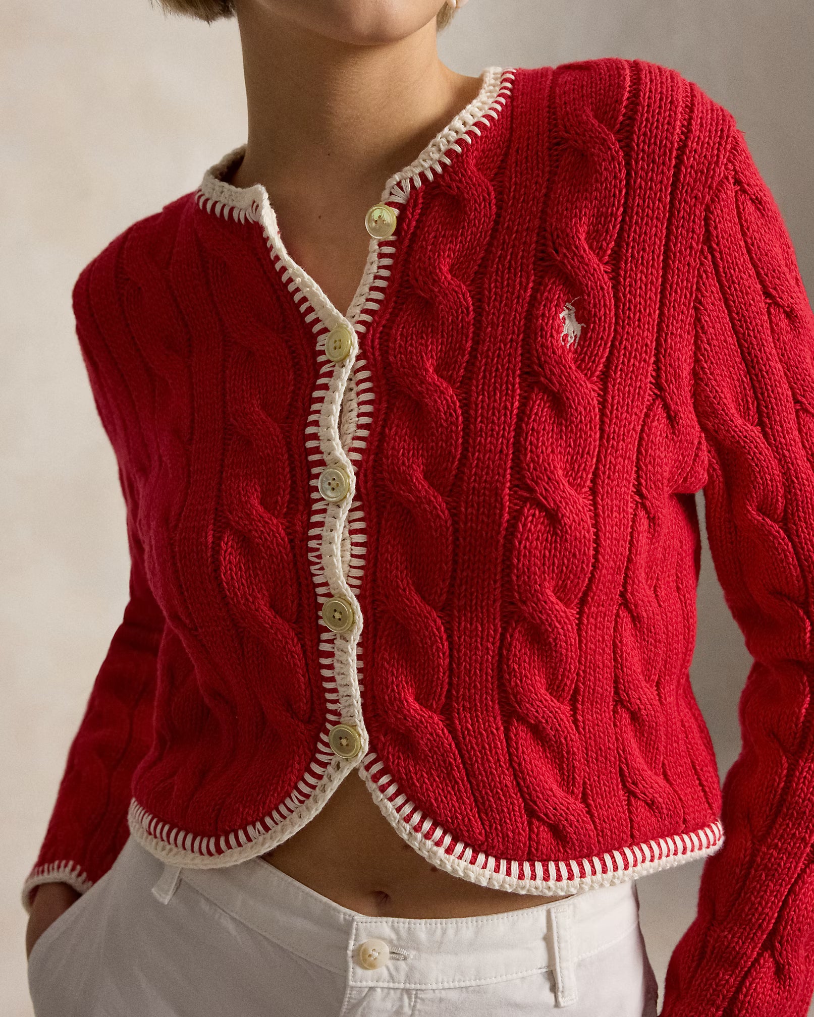 Polo Ralph Lauren Cable-Knit Cropped Cardigan - Cruise Red