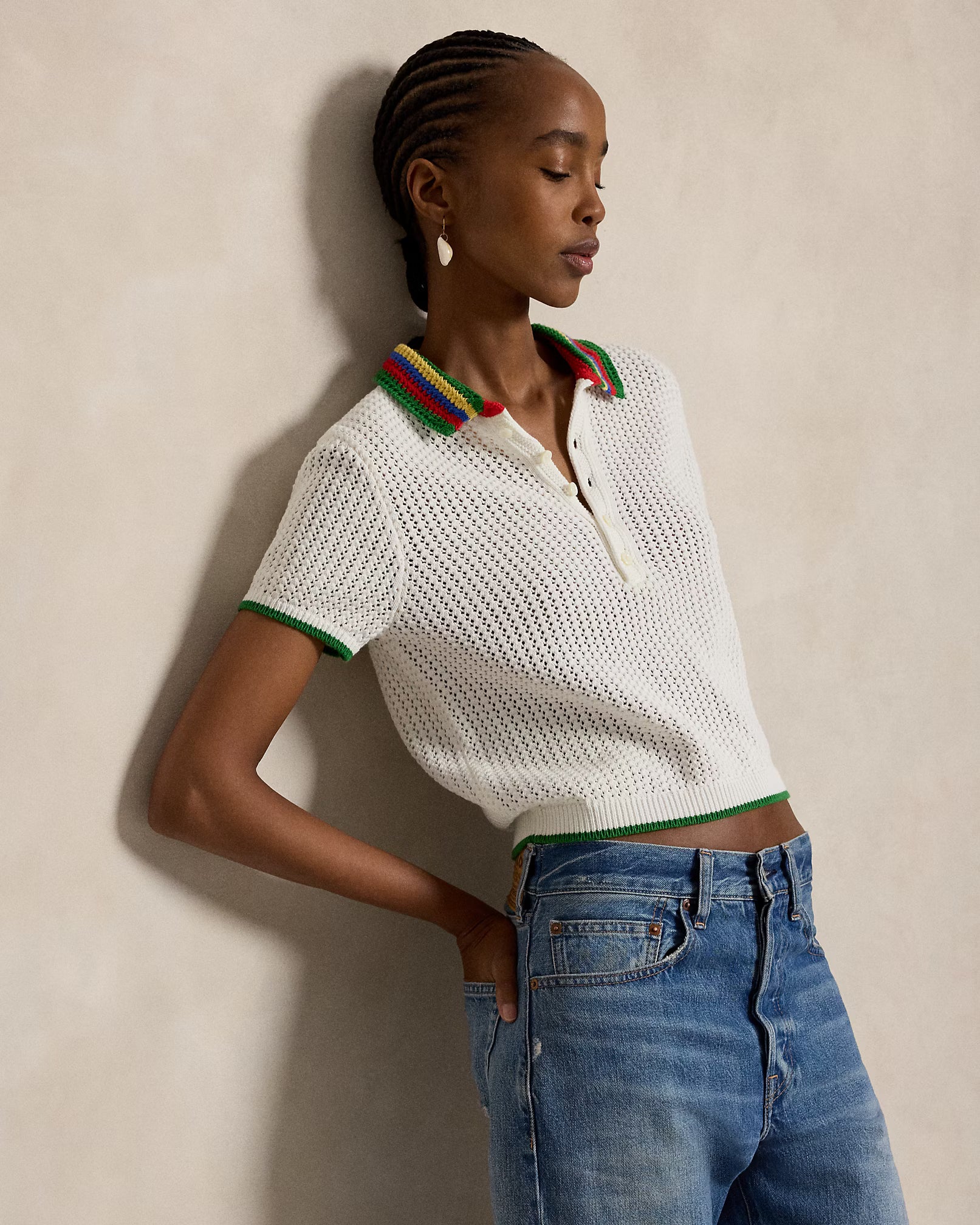 Polo Ralph Lauren Striped-Collar Pointelle Polo Shirt