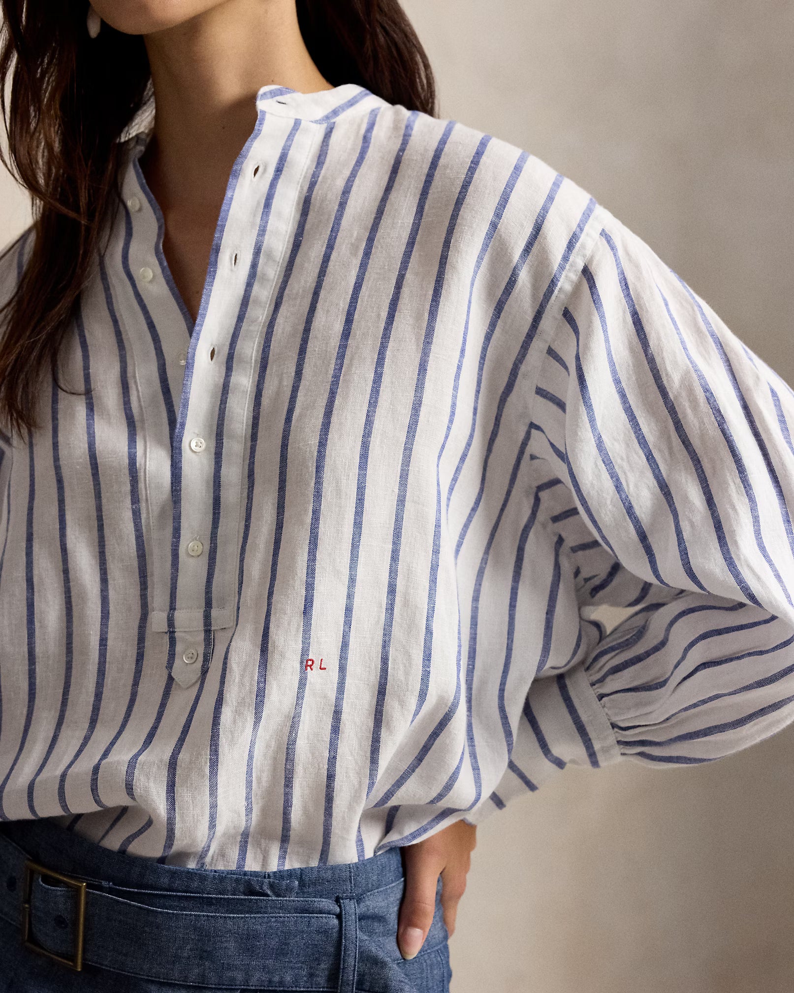 Polo Ralph Lauren Women's Striped Linen Shirt - White Royal - Size 6