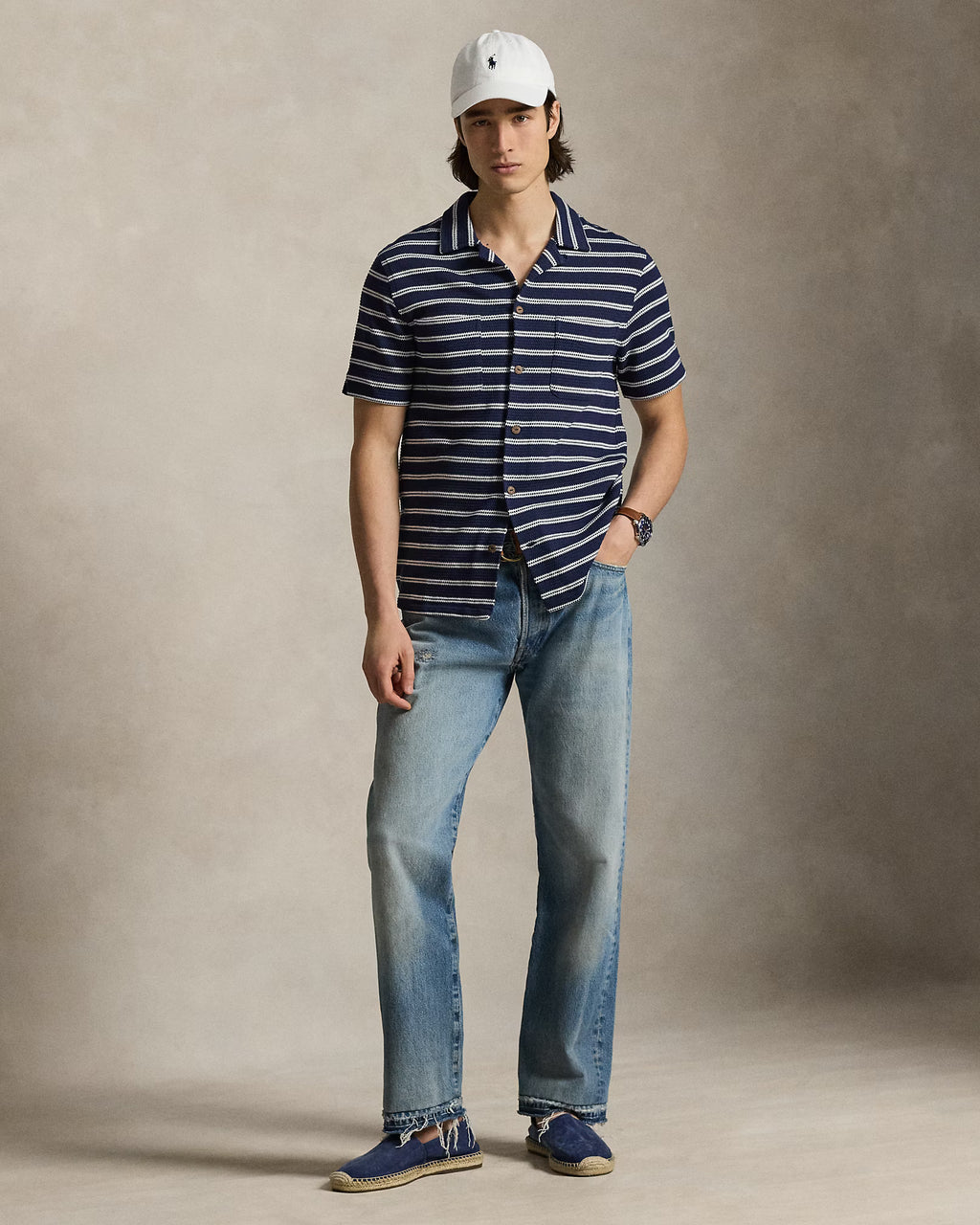Polo Ralph Lauren Striped Pointelle-Ribbed Camp Shirt