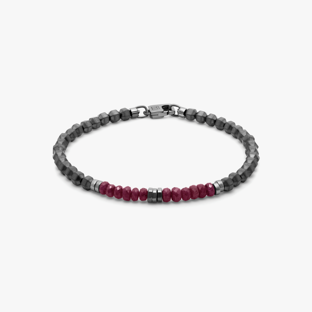 Icosahedron Ruby Bracelet in Hematite with Sterling Silver