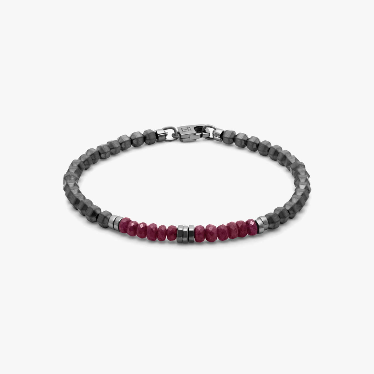 Icosahedron Ruby Bracelet in Hematite with Sterling Silver