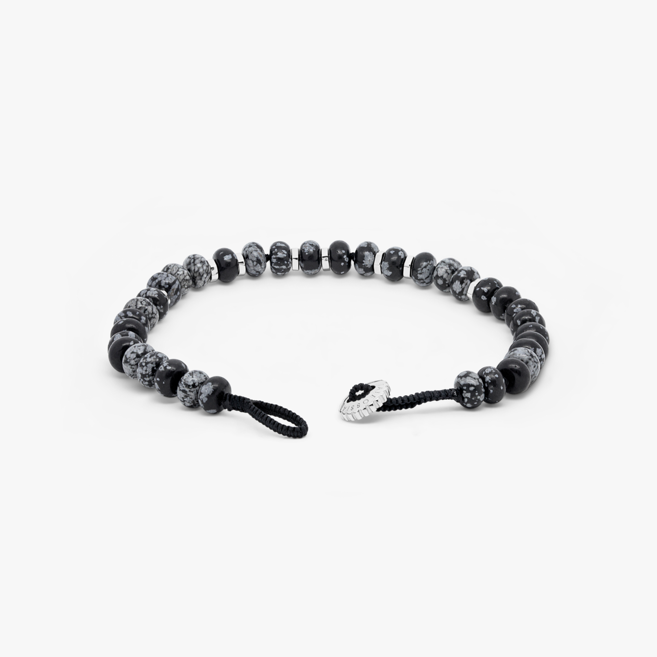 Nepal Bracelet with Black Macramé and Polished Snowflake Obsidian Beads - 1344
