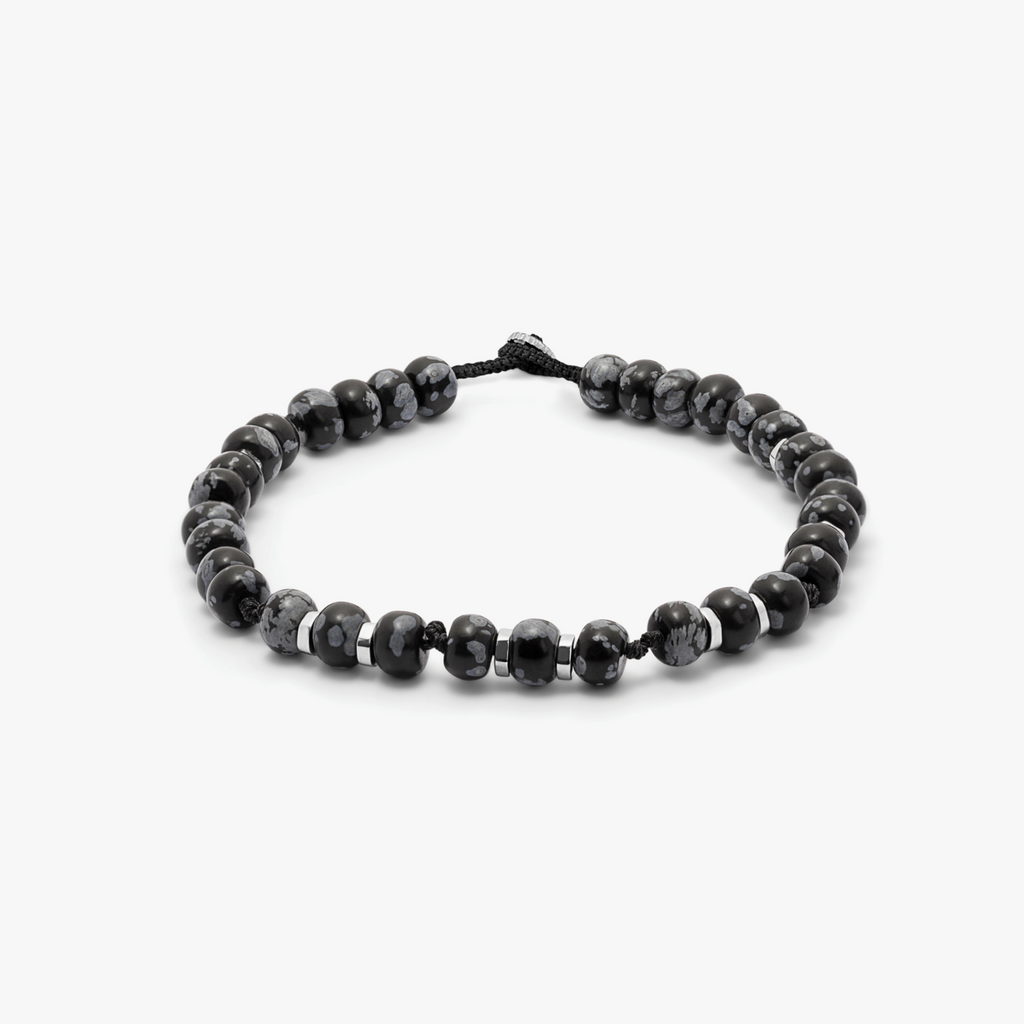 Nepal Bracelet with Black Macramé and Polished Snowflake Obsidian Beads - 1344