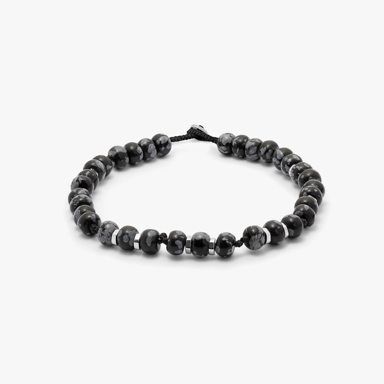 Nepal Bracelet with Black Macramé and Polished Snowflake Obsidian Beads - 1344