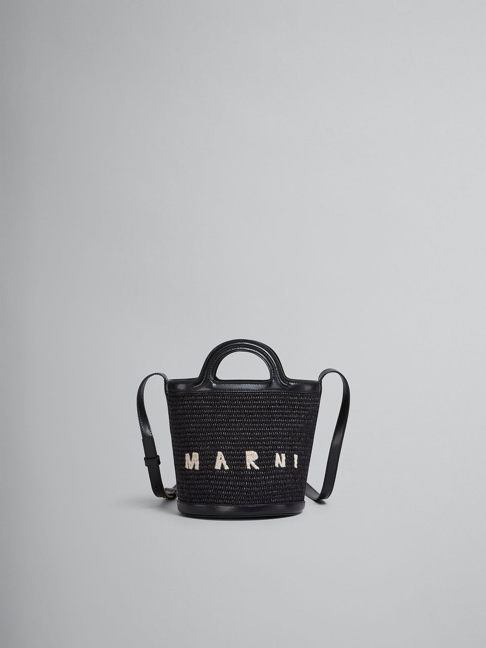 Marni Tropicalia Small Bucket Bag in Black Leather & Raffia