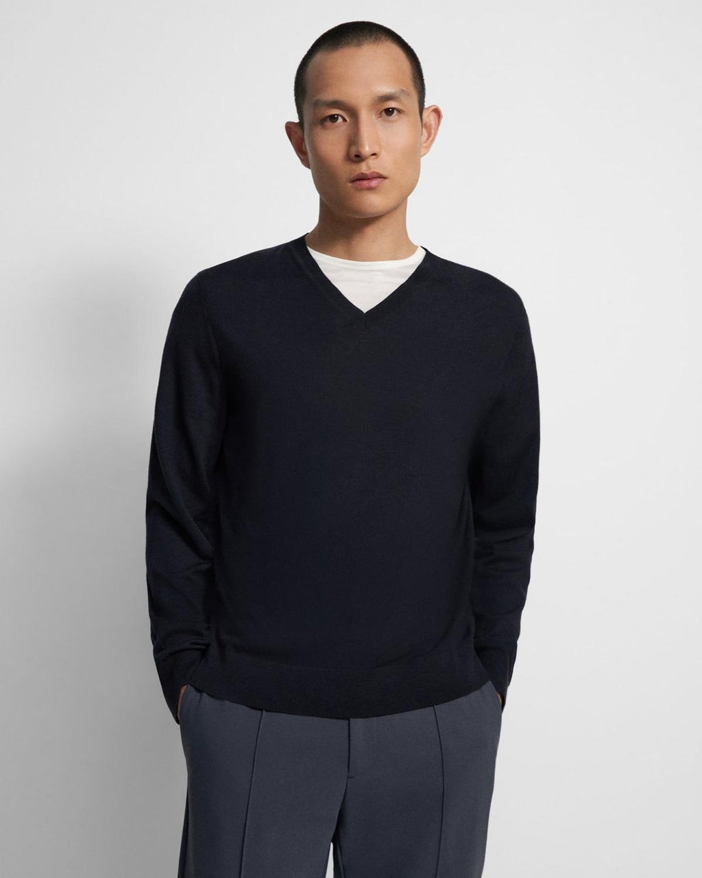 Theory V-Neck Sweater in Regal Wool  - Navy