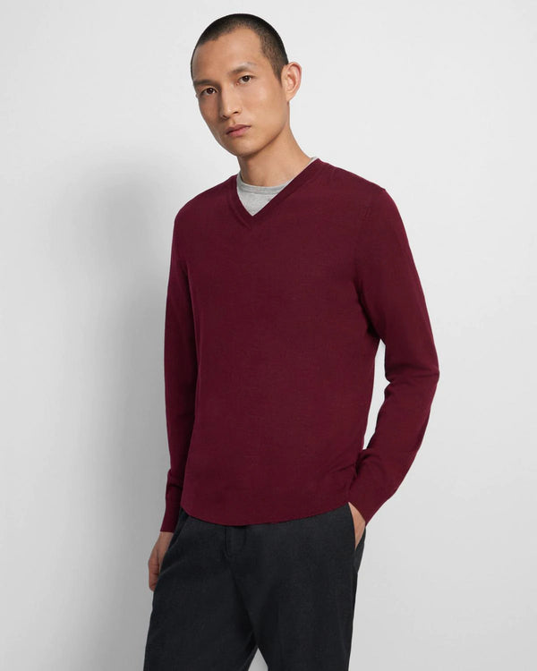 Theory V-Neck Sweater in Regal Wool - Wine