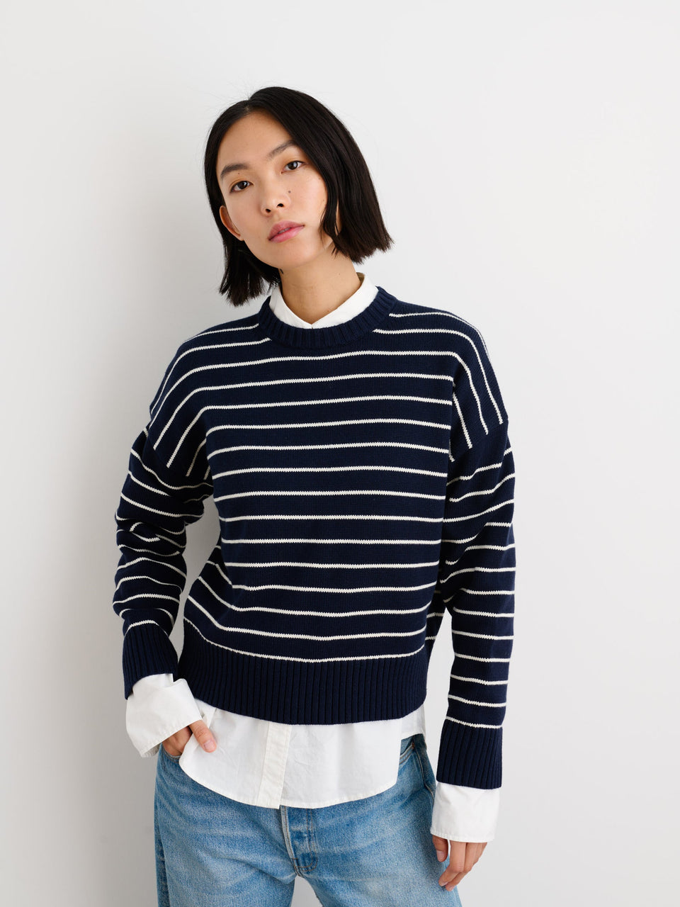 Lightweight Button-Back Crewneck Sweater in Stripe