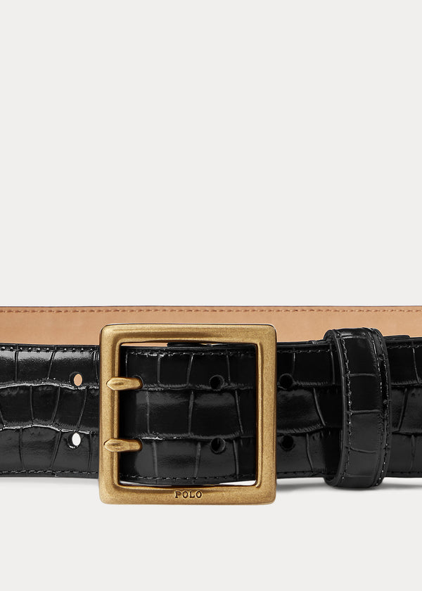 Polo Ralph Lauren Crocodile-Stamped Leather Belt - Black